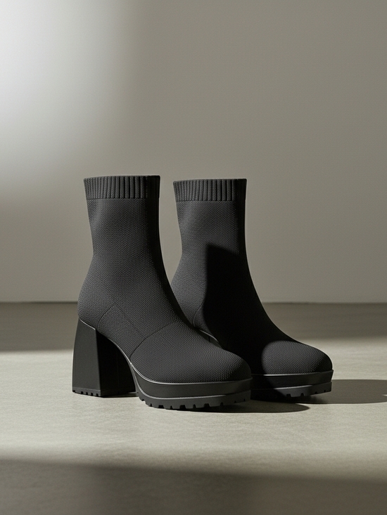 NWOT- Black Sock Boot Ankle With A Block Heel - Picture 5 of 10